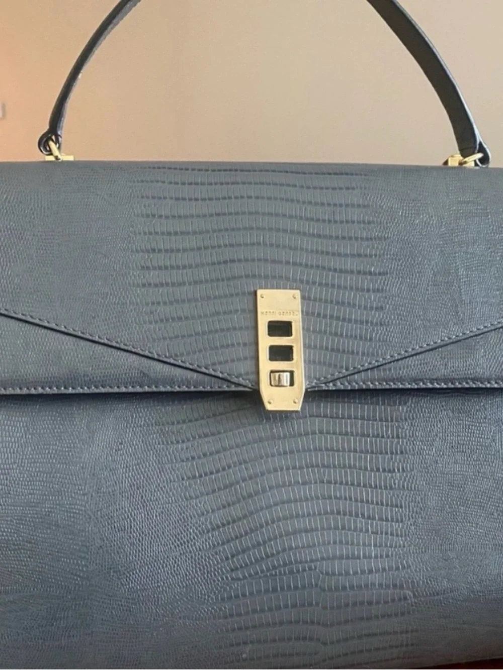 henri bendel grey Textured Top-Handle Satchel with Gold Lock